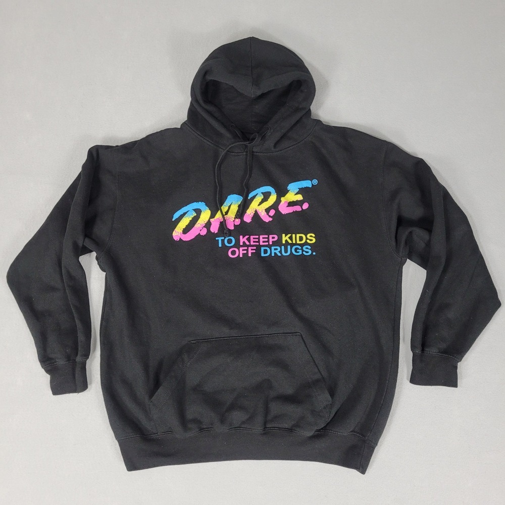 DARE Hoodie Mens Large Black Neon Graphic Say No To Drugs Cotton Blend Pullover